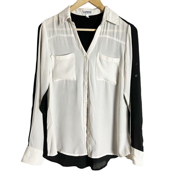 Express White Black Portofino Sheer Long Sleeve Button Up Shirt Size Small - Picture 1 of 9